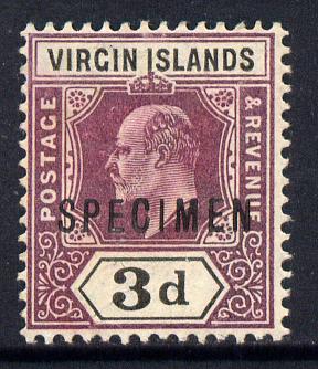 British Virgin Islands 1904 KE7 3d purple & black overprinted SPECIMEN without gum with only about 730 produced SG 58s, stamps on specimen, stamps on  ke7 , stamps on 