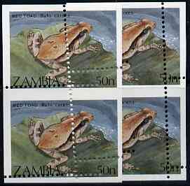 Zambia 1989 Red Toad 50n vert pair with superb misplaced perforations, unmounted mint SG 567 (blocks pro rata), stamps on animals, stamps on reptiles, stamps on frogs
