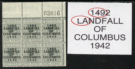 Bahamas 1942 KG6 Landfall of Columbus 1d pale slate NE corner block of 6 from left pane with sheet number showing Damaged top of L on R1/4 and Dot in 4 on R1/6 unmounted ..., stamps on columbus, stamps on  kg6 , stamps on 