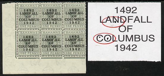 Bahamas 1942 KG6 Landfall of Columbus 1d pale slate SW corner block of 6 from left pane showing Flaw in N on R10/1 and Flaws in C & O on R10/2 unmounted mint, stamps on columbus, stamps on  kg6 , stamps on 