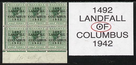 Bahamas 1942 KG6 Landfall of Columbus 1/2d green SW corner block of 6 from right pane showing Flaw in OF on R10/2 unmounted mint, stamps on columbus, stamps on  kg6 , stamps on 