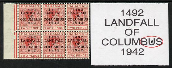 Bahamas 1942 KG6 Landfall of Columbus 2d scarlet marginal block of 6 from left pane showing Flaw in second U on R3/2 unmounted mint, stamps on columbus, stamps on  kg6 , stamps on 