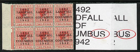 Bahamas 1942 KG6 Landfall of Columbus 2d scarlet marginal block of 6 from left pane showing Split S on R7/1 & Flaw in S on R8/2 unmounted mint, stamps on columbus, stamps on  kg6 , stamps on 