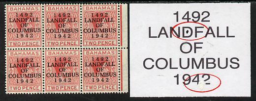 Bahamas 1942 KG6 Landfall of Columbus 2d scarlet marginal block of 6 from left pane showing Flaw in D on R8/5 and Broken foot of 2 on R8/6 unmounted mint, stamps on columbus, stamps on  kg6 , stamps on 