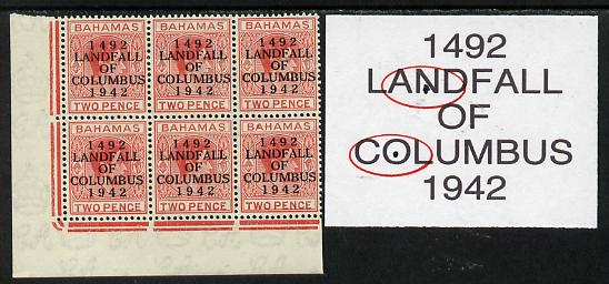 Bahamas 1942 KG6 Landfall of Columbus 2d scarlet SW corner block of 6 from left pane showing Flaw in N on R10/1 and Flaw in O on R10/2 unmounted mint, stamps on columbus, stamps on  kg6 , stamps on 