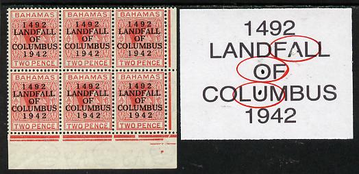 Bahamas 1942 KG6 Landfall of Columbus 2d scarlet SE corner block of 6 from left pane showing Flaw in first U on R9/4, flaw in OF on R10/4 & Damaged A on R10/5 unmounted m..., stamps on columbus, stamps on  kg6 , stamps on 