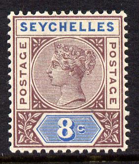Seychelles 1890-92 QV Key Plate Crown CA die I - 8c brown-purple & blue mounted mint SG 3, stamps on , stamps on  qv , stamps on 