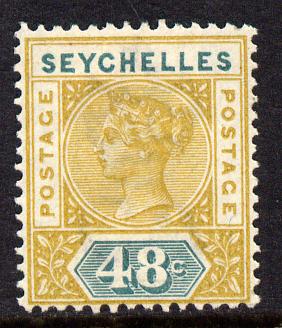 Seychelles 1890-92 QV Key Plate Crown CA die I - 48c ochre & green mounted mint SG 7, stamps on , stamps on  qv , stamps on 