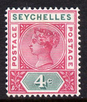 Seychelles 1890-92 QV Key Plate Crown CA die II - 4c carmine & green mounted mint SG 10, stamps on , stamps on  qv , stamps on 
