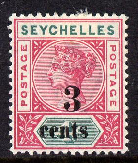 Seychelles 1893 QV surcharged 3c on 4c carmine & green mounted mint SG 15, stamps on , stamps on  stamps on , stamps on  stamps on  qv , stamps on  stamps on 