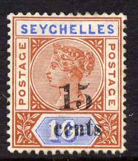Seychelles 1893 QV surcharged 15c on 16c chestnut & blue die II unused without gum SG 19, stamps on , stamps on  qv , stamps on 