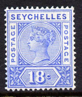 Seychelles 1897-1900 QV Key Plate Crown CA die II - 18c ultramarine mounted mint SG 31, stamps on , stamps on  stamps on , stamps on  stamps on  qv , stamps on  stamps on 