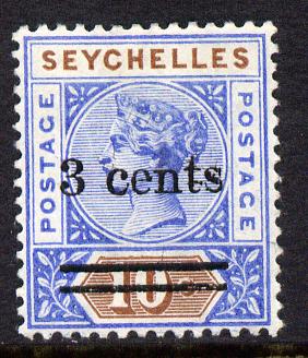 Seychelles 1901 QV surcharged 3c on 10c ultramarine & brown mounted mint SG 37, stamps on , stamps on  qv , stamps on 