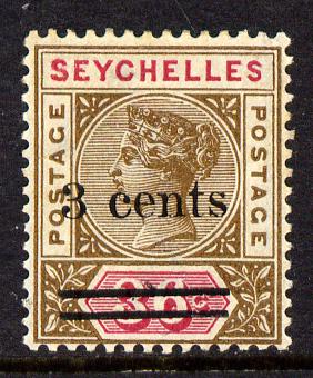Seychelles 1901 QV surcharged 3c on 36c brown & carmine mounted mint SG 39, stamps on , stamps on  qv , stamps on 