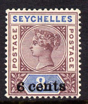 Seychelles 1901 QV surcharged 6c on 8c brown-purple & blue mounted mint SG 40, stamps on , stamps on  qv , stamps on 