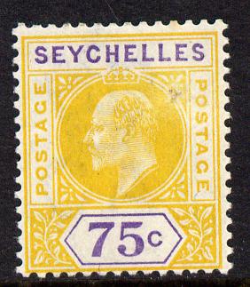Seychelles 1903 KE7 Crown CA 75c yellow & violet mounted mint SG 54, stamps on , stamps on  ke7 , stamps on 