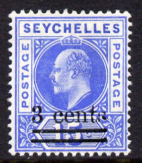 Seychelles 1903 KE7 surcharged 3c on 15c ultramarine mounted mint SG 57, stamps on , stamps on  ke7 , stamps on 