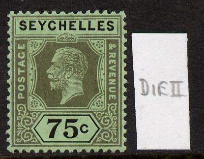 Seychelles 1917-22 KG5 MCA die II - 75c black on emerald mounted mint SG 93a, stamps on , stamps on  kg5 , stamps on 