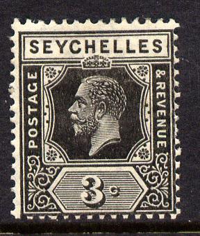 Seychelles 1921-32 KG5 Script CA die II - 3c black mounted mint SG 100, stamps on , stamps on  kg5 , stamps on 