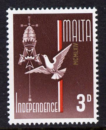 Malta 1964 Independence 3d single with date just touching the A of Malta - appears due to a downwards shift of 21 mm (see 151,198 for marginal strp) unmounted mint SG 322var, stamps on doves, stamps on peace