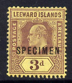 Leeward Islands 1907-11 KE7 MCA 3d purple on yellow overprinted SPECIMEN fine with gum and only about 400 produced SG 41s, stamps on , stamps on  ke7 , stamps on specimen