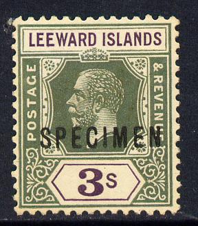 Leeward Islands 1921-32 KG5 Script CA 3s bright green & violet overprinted SPECIMEN fine with gum and only about 400 produced SG 76s, stamps on , stamps on  ke7 , stamps on specimen