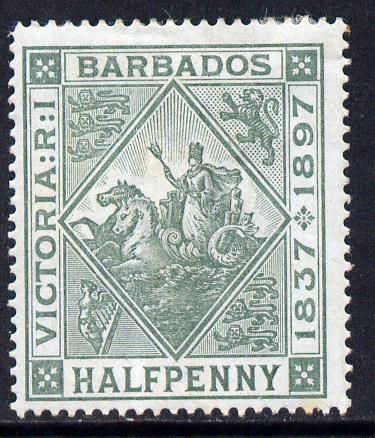 Barbados 1897-98 Diamond Jubilee 1/2d dull green mounted mint SG 117, stamps on britannia