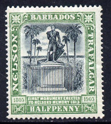Barbados 1906 Nelson Centenary Crown CC 1/2d black & green mounted mint SG 146, stamps on nelson, stamps on monuments, stamps on 
