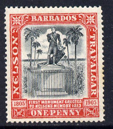 Barbados 1906 Nelson Centenary Crown CC 1d black & red mounted mint SG 147, stamps on nelson, stamps on monuments, stamps on 