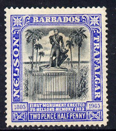 Barbados 1906 Nelson Centenary Crown CC 2.5d black & blue mounted mint SG 149, stamps on nelson, stamps on monuments, stamps on 