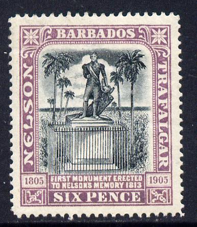 Barbados 1906 Nelson Centenary Crown CC 6d black & mauve mounted mint SG 150, stamps on nelson, stamps on monuments, stamps on 