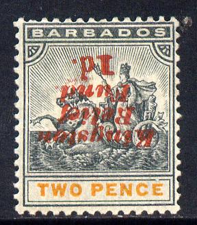 Barbados 1907 Kingston Relief Fund 1d on 2d (inverted) mounted mint SG 153, stamps on britannia, stamps on disasters