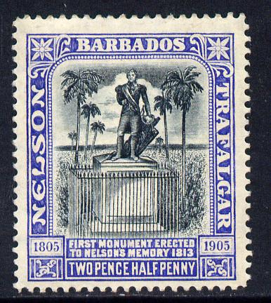Barbados 1907 Nelson Centenary MCA 2.5d black & blue mounted mint SG 162, stamps on nelson, stamps on monuments, stamps on 