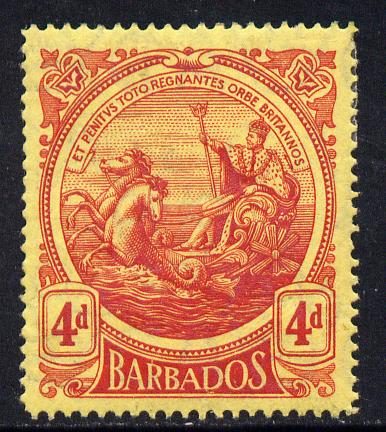 Barbados 1916-19 Large Britannia MCA 4d red on yellow mounted mint SG 187, stamps on britannia, stamps on  kg5 , stamps on 
