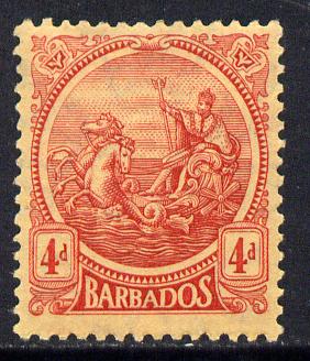 Barbados 1921-24 Britannia MCA 4d red on pale yellow mounted mint SG 214, stamps on britannia