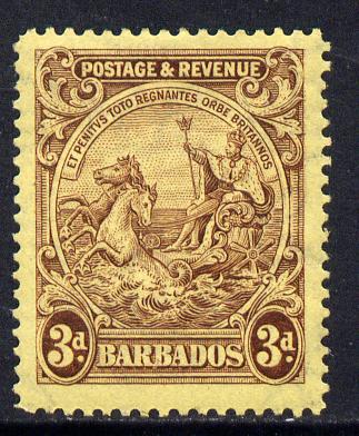 Barbados 1925-35 Britannia Script CA 3d purple on pale yellow mounted mint SG 234, stamps on britannia