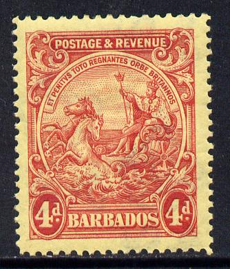 Barbados 1925-35 Britannia Script CA 4d red on pale yellow mounted mint SG 235, stamps on britannia