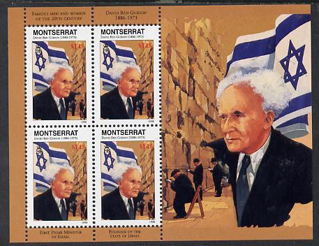 Montserrat 1998 Famous People of the 20th Century - David Ben Gurion (Israel) perf sheetlet containing 4 vals unmounted mint as SG 1068a, stamps on personalities, stamps on constitutions, stamps on flags, stamps on judaica, stamps on judaism