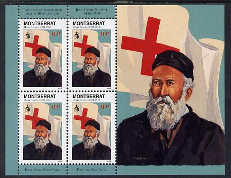 Montserrat 1998 Famous People of the 20th Century - Henri Dunant (Red Cross) perf sheetlet containing 4 vals unmounted mint as SG 1069a, stamps on personalities, stamps on red cross, stamps on dunant, stamps on flags, stamps on nobel