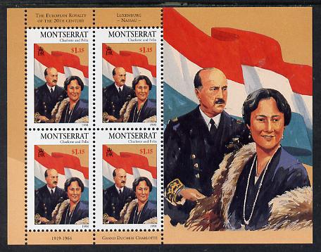 Montserrat 1998 Famous People of the 20th Century - Grand Duchess Charlotte & Prince Felix of Luxembourg perf sheetlet containing 4 vals unmounted mint as SG 1073a, stamps on personalities, stamps on constitutions, stamps on royalty, stamps on flags