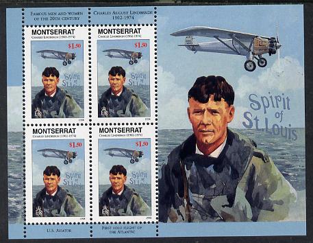 Montserrat 1998 Famous People of the 20th Century - Charles Lindbergh (aviator) perf sheetlet containing 4 vals unmounted mint as SG 1074a, stamps on personalities, stamps on aviation, stamps on millennium, stamps on masonics, stamps on lindbergh, stamps on masonry