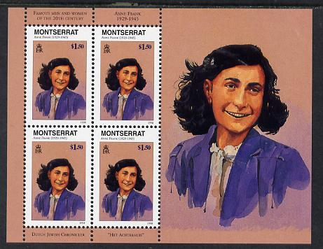 Montserrat 1998 Famous People of the 20th Century - Anne Frank (Holocaust) perf sheetlet containing 4 vals unmounted mint as SG 1078a, stamps on personalities, stamps on  ww2 , stamps on judaica, stamps on judaism, stamps on women, stamps on holocaust