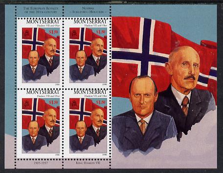Montserrat 1998 Famous People of the 20th Century - King Haakon VII & Prince Olav of Norway perf sheetlet containing 4 vals unmounted mint as SG 1082a, stamps on personalities, stamps on royalty, stamps on flags, stamps on 