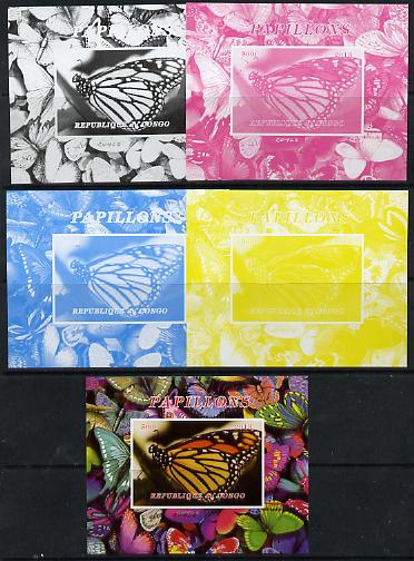 Congo 2013 Butterflies #1 deluxe sheet - the set of 5 imperf progressive colour proofs comprising the 4 basic colours plus all 4-colour composite unmounted mint, stamps on butterflies