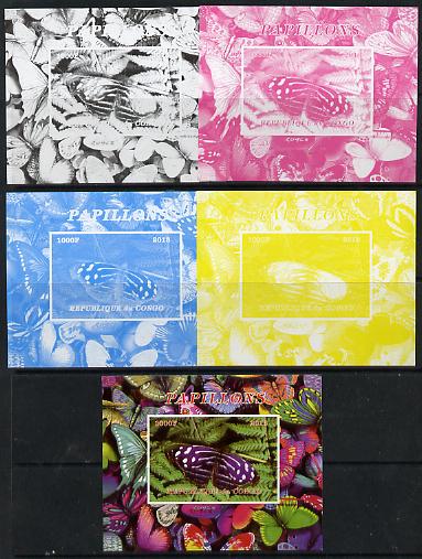 Congo 2013 Butterflies #6 deluxe sheet - the set of 5 imperf progressive colour proofs comprising the 4 basic colours plus all 4-colour composite unmounted mint, stamps on , stamps on  stamps on butterflies