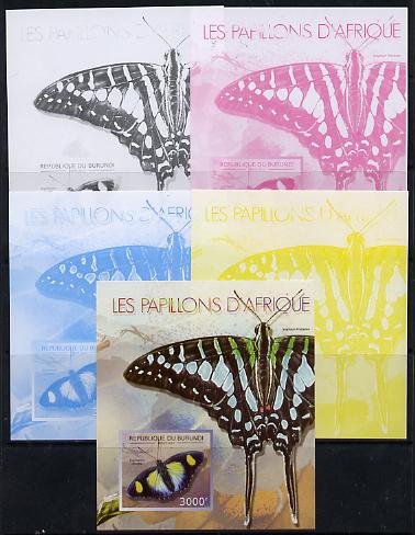 Burundi 2013 Butterflies #2 deluxe sheet - the set of 5 imperf progressive colour proofs comprising the 4 basic colours plus all 4-colour composite unmounted mint, stamps on butterflies