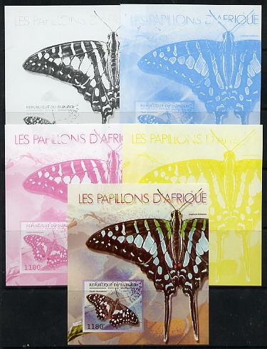 Burundi 2013 Butterflies #3 deluxe sheet - the set of 5 imperf progressive colour proofs comprising the 4 basic colours plus all 4-colour composite unmounted mint, stamps on butterflies
