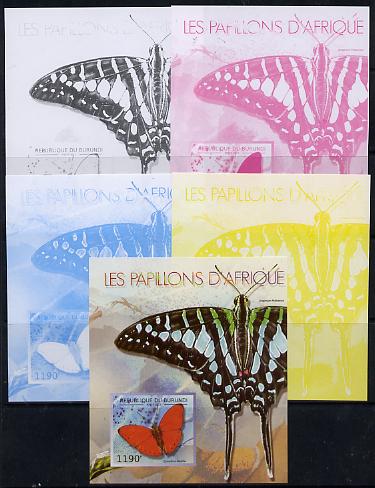 Burundi 2013 Butterflies #4 deluxe sheet - the set of 5 imperf progressive colour proofs comprising the 4 basic colours plus all 4-colour composite unmounted mint, stamps on butterflies