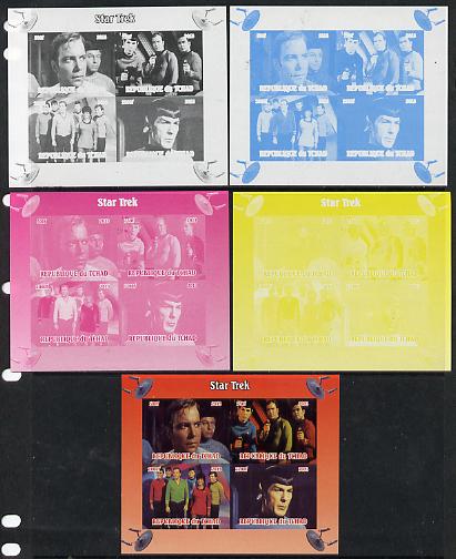 Chad 2013 Star Trek #1 sheetlet containing 4 vals - the set of 5 imperf progressive colour proofs comprising the 4 basic colours plus all 4-colour composite unmounted min..., stamps on sci-fi, stamps on films, stamps on  tv , stamps on films, stamps on cinema, stamps on movies