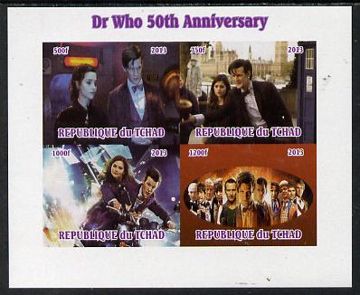 Chad 2013 Dr Who 50th Anniversary imperf sheetlet containing 4 vals unmounted mint. Note this item is privately produced and is offered purely on its thematic appeal. , stamps on sci-fi, stamps on films, stamps on  tv , stamps on films, stamps on cinema, stamps on movies